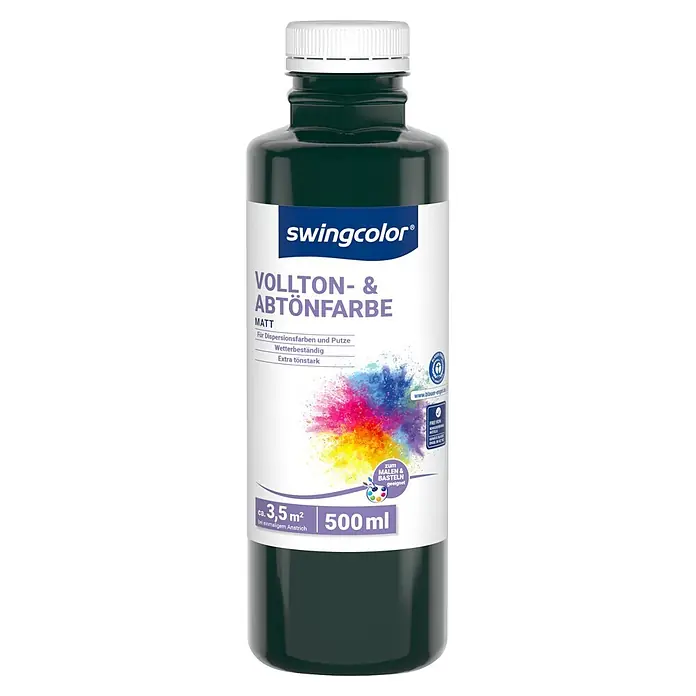 swingcolor Vollton- & Abtönfarbe - Moosgrün, Matt, 500 ml - Dunkelgrüne swingcolor Vollton- & Abtönfarbe Flasche mit weißem Deckel, 500ml, matt.