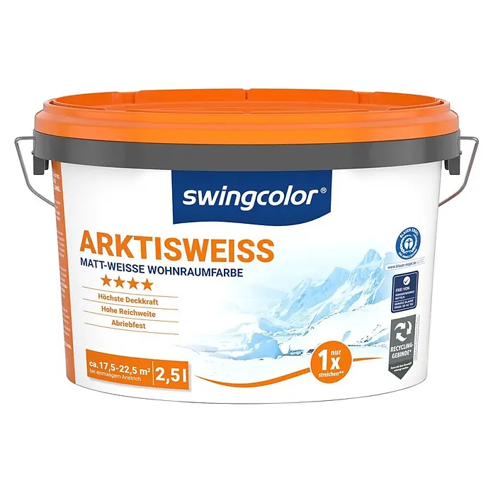swingcolor Wandfarbe Arktisweiß - Schneeweiß, Matt, 2,5 l - swingcolor ARKTISWEISS matte weiße Innenfarbe Eimer, 2,5 L, mit orangefarbenem Deckel.