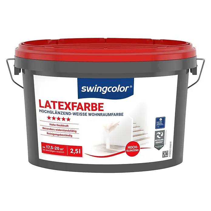 swingcolor Latexfarbe - Schneeweiß, Hochglänzend, 2,5 l - Grauer Farbeimer mit rotem Deckel, Swingcolor hochglänzende weiße Latexfarbe für Innenräume, 2,5L.