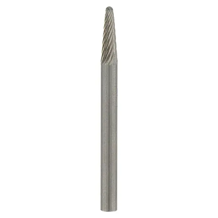 Dremel Wolframkarbid-Fräser Mod. 9910 - Kopfform: Kegelkopf, Arbeitsdurchmesser: 3,2 mm, 1 Stk. - Kegelförmiger Fräser mit spiralförmigen Schneiden, ideal zum präzisen Bearbeiten von Metall und anderen Materialien.