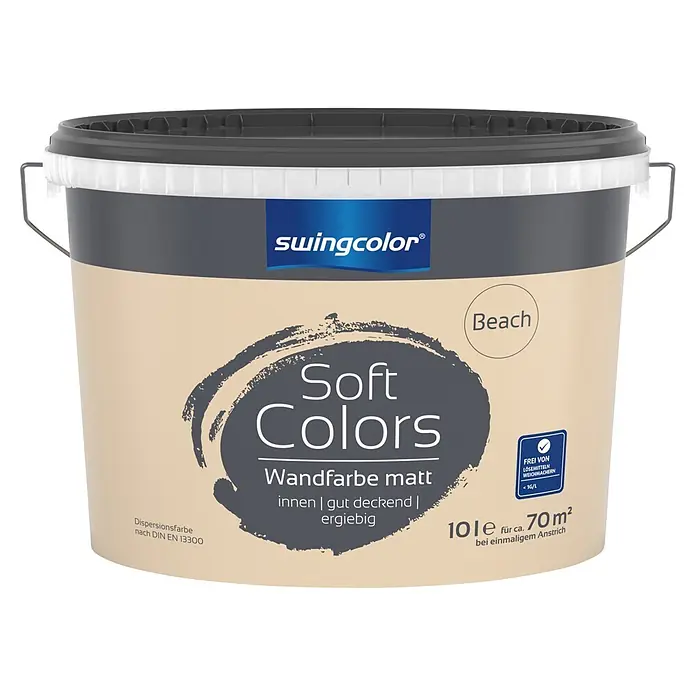 swingcolor Soft Colors Wandfarbe - Beach, Matt, 10 l - Swingcolor Soft Colors matte Wandfarbe Eimer in Beige 'Beach' mit grauem Deckel.