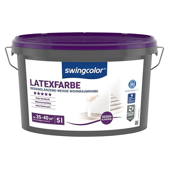 swingcolor Latexfarbe - Schneeweiß, Seidenglänzend, 5 l - Grauer Farbeimer mit lila Deckel und Metallgriff, beschriftet mit „swingcolor Latexfarbe, Seidenglänzend Weiß, 5L“.