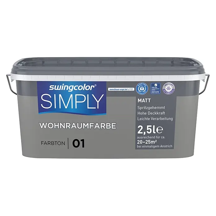 swingcolor Wandfarbe SIMPLY - Grau - Nr. 01, 2,5 l - swingcolor SIMPLY Wohnraumfarbe matt, 2,5L, Farbton 01. Mit hoher Deckkraft, spritzgehemmt und reduziertem Scheuereffekt.