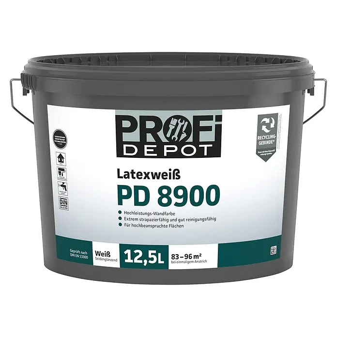 Profi Depot PD Latexfarbe Latexweiß PD 8900 - Weiß, Seidenglänzend, 12,5 l - Ein dunkelgrauer PROFI DEPOT 12,5L Eimer Latexweiß Farbe mit weißem Etikett, das Merkmale und Deckkraft beschreibt.