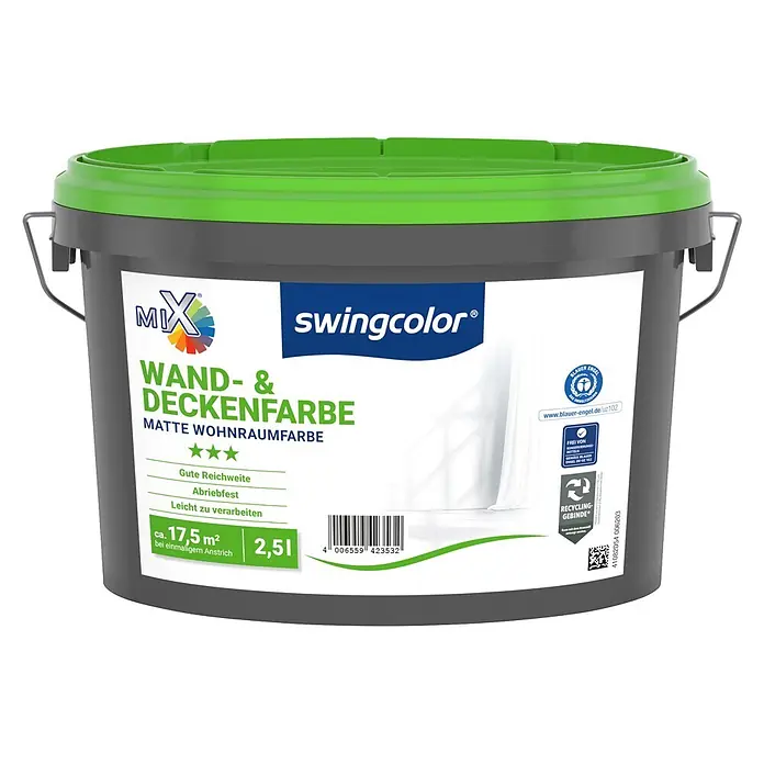 swingcolor Mix Wandfarbe Wand- & Deckenfarbe zum Mischen lassen - Basismischfarbe 4, Matt, 2,5 l - Swingcolor matte Wand- und Deckenfarbe im dunkelgrauen Eimer mit grünem Deckel, 2,5L, Blauer Engel zertifiziert, recycelbar.