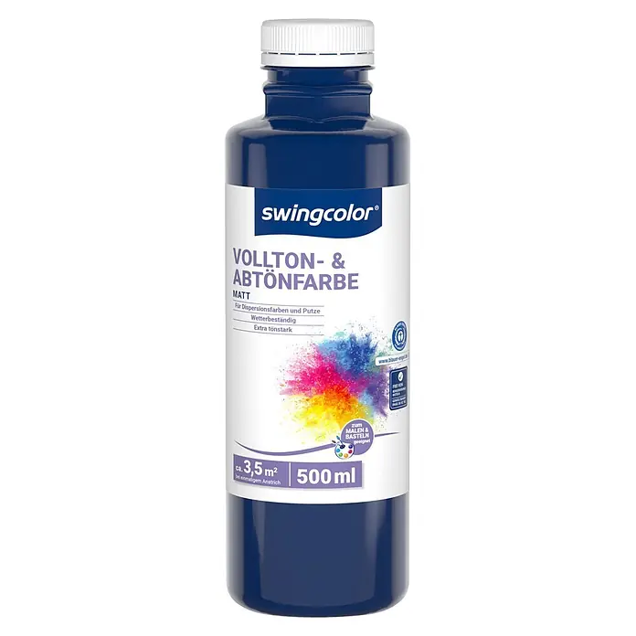 swingcolor Vollton- & Abtönfarbe - Blau, Matt, 500 ml - Dunkelblaue Flasche swingcolor Vollton- & Abtönfarbe, matt, 500ml, für Dispersionsfarben, Putze, Malen und Basteln geeignet.