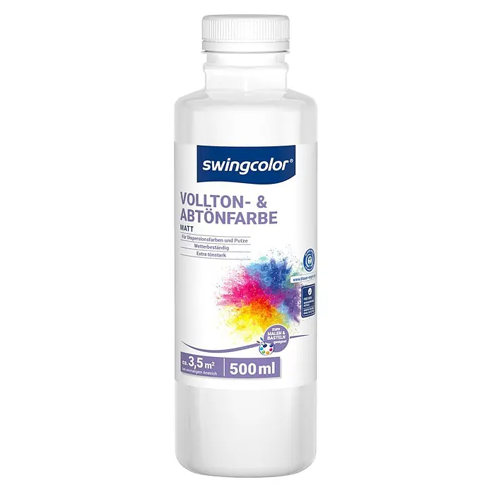 swingcolor Vollton- & Abtönfarbe - Weiß, Matt, 500 ml - Weiße swingcolor Vollton- und Abtönfarbe, matt, 500ml, für Dispersionsfarben und Putze, zum Malen und Basteln geeignet.