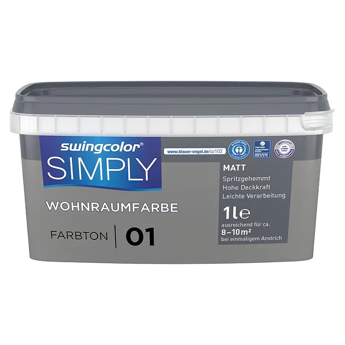 swingcolor Wandfarbe SIMPLY - Grau - Nr. 01, 1 l - Grauer matter Innenraumfarbtopf, swingcolor SIMPLY, 1L, Farbton 01.