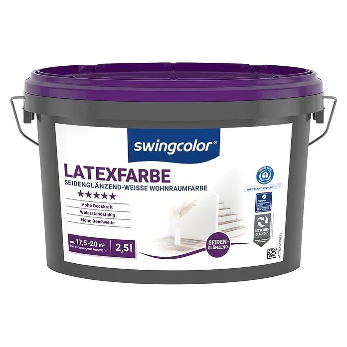 swingcolor Latexfarbe - Schneeweiß, Seidenglänzend, 2,5 l - Grauer Farbeimer mit violettem Deckel, swingcolor Latexfarbe, seidenglänzend weiß, 2,5 L.