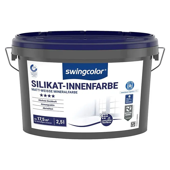 swingcolor Wandfarbe Silikat-Innenfarbe - Weiß, Matt, 2,5 l - Grauer swingcolor Farbeimer mit dunkelblauem Deckel, 2,5L matt-weiße Silikat-Innenfarbe.