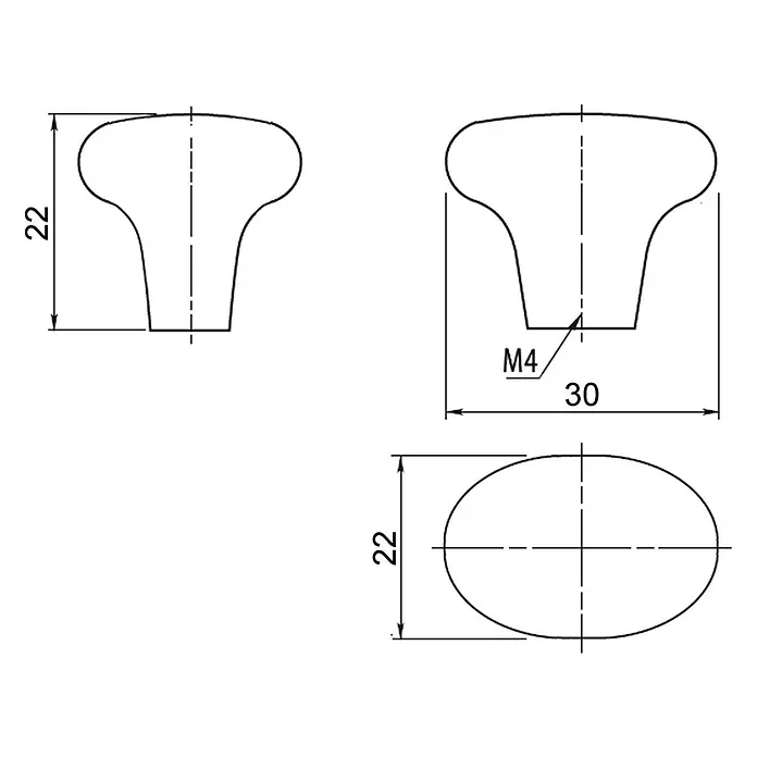 SOTECH Möbelknopf Inga - Durchmesser: 22 mm, Porzellan, cremeweiß - Technisches Diagramm eines ovalen Knaufs mit M4-Gewinde und Maßen 22 und 30.