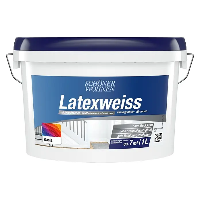 SCHÖNER WOHNEN-Farbe Mix Latexfarbe Latexweiß zum Mischen lassen - Basismischfarbe 4, Seidenglänzend, 1 l, Strukturbetonend - Weißer 1L Farbeimer mit dunkelblauem Deckel, beschriftet als "Latexweiß" für seidenglänzende, atmungsaktive Innenwände.