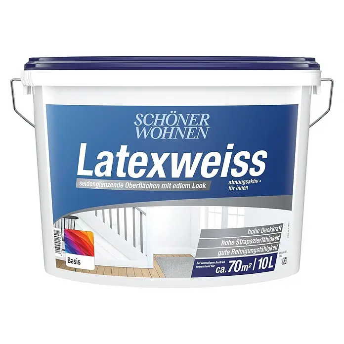 SCHÖNER WOHNEN-Farbe Mix Latexfarbe Latexweiß zum Mischen lassen - Basismischfarbe 1, Seidenglänzend, 10 l, Strukturbetonend - Weißer SCHÖNER WOHNEN Latexfarbeimer (10L) für innen. Seidenglänzend, atmungsaktiv, hohe Deckkraft, strapazierfähig und gut reinigbar.