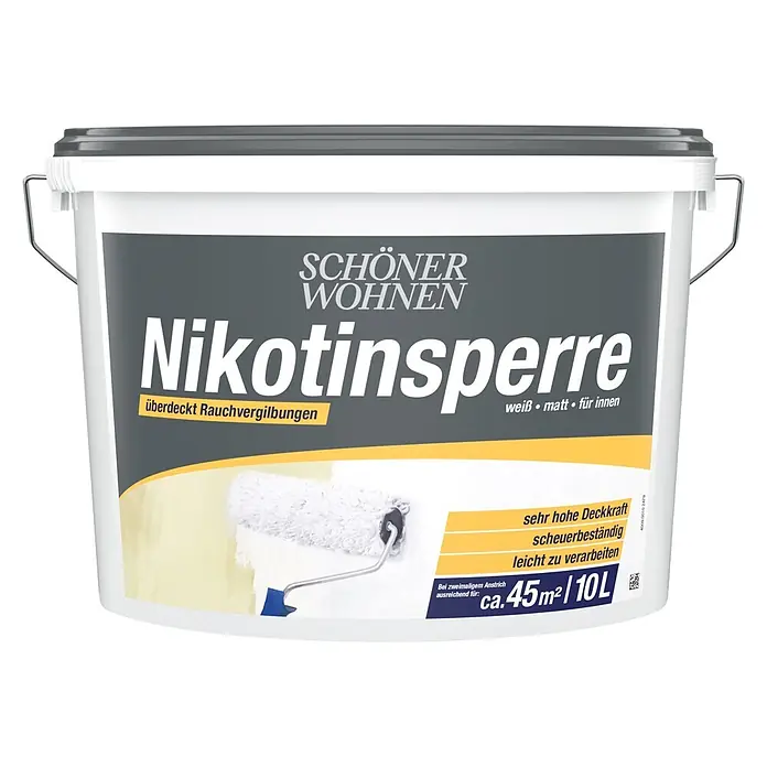 SCHÖNER WOHNEN-Farbe Nikotinsperre - 10 l, Weiß - Weißer 10L Farbeimer "Nikotinsperre", zeigt eine Rolle, die einen gelben Fleck überdeckt. Reicht für ca. 45m².