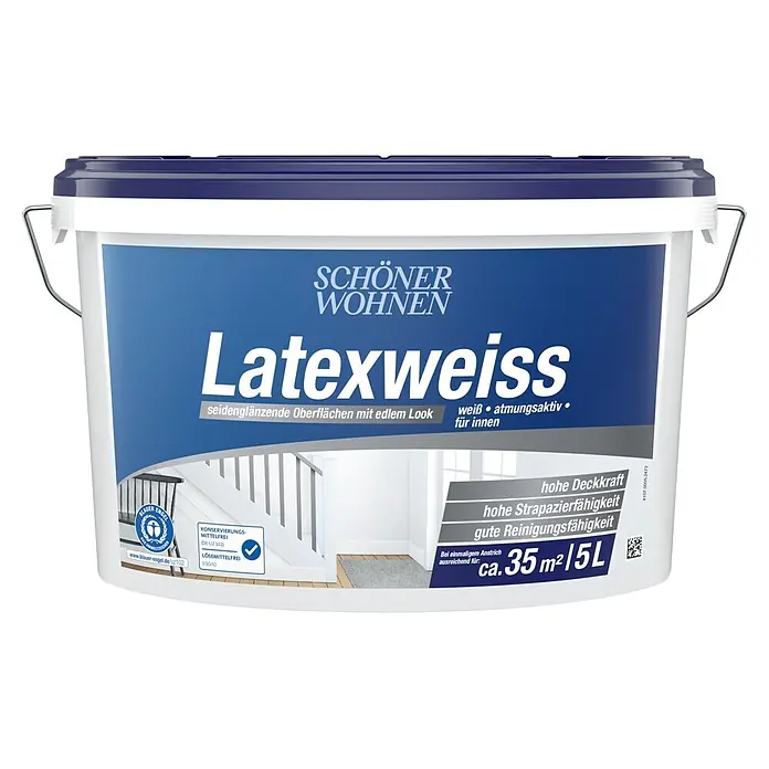 SCHÖNER WOHNEN-Farbe Latexfarbe Latexweiß - Weiß, Seidenglänzend, 5 l, Strukturbetonend - Blauer und weißer Plastikeimer SCHÖNER WOHNEN Latexweiß Innenfarbe, 5L.