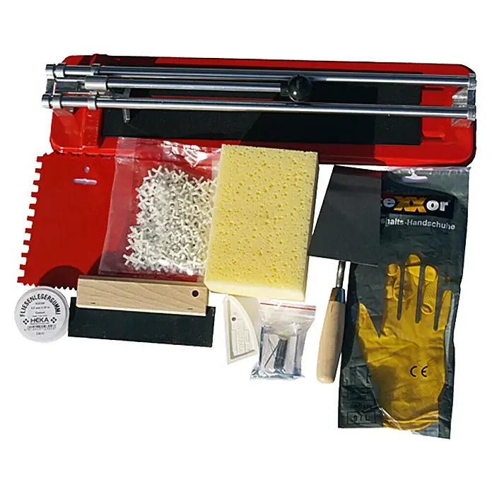 Heka Fliesenleger-Set - 10 -tlg. - Fliesenschneider-Set mit Fliesenschneider, Fugenkreuzen, Schwamm, Spachtel, Gummihandschuhen und weiterem Zubehör für die Fliesenverlegung.