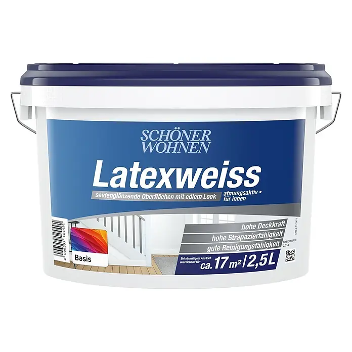 SCHÖNER WOHNEN-Farbe Mix Latexfarbe Latexweiß zum Mischen lassen - Basismischfarbe 1, Seidenglänzend, 2,5 l, Strukturbetonend - Weißer Farbeimer mit blauem Etikett für SCHÖNER WOHNEN Latexweiß Farbe, mit Metallbügel.