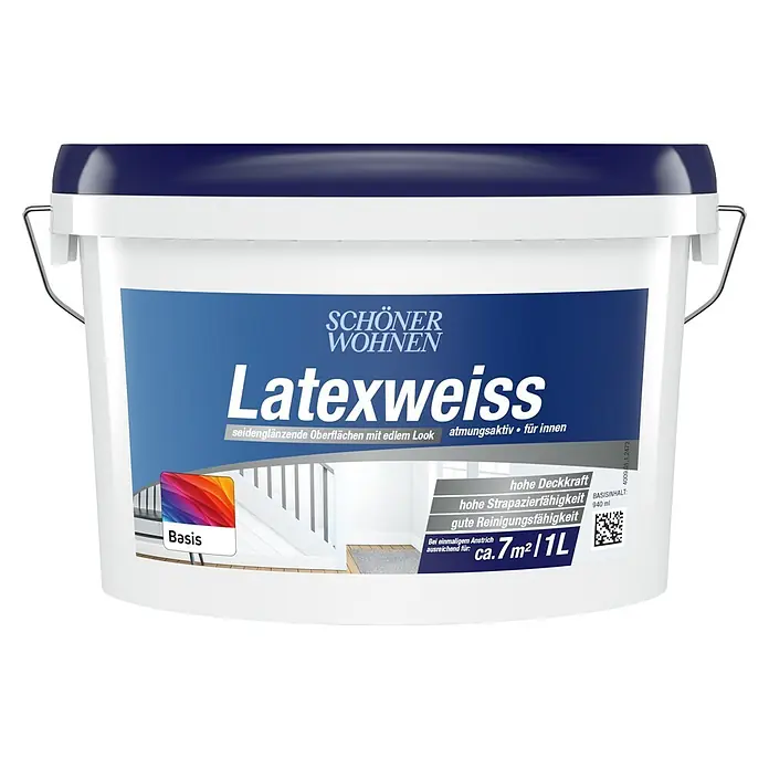 SCHÖNER WOHNEN-Farbe Mix Latexfarbe Latexweiß zum Mischen lassen - Basismischfarbe 1, Seidenglänzend, 1 l, Strukturbetonend - Weißer Farbeimer mit dunkelblauem Deckel, beschriftet mit "Latexweiss".
