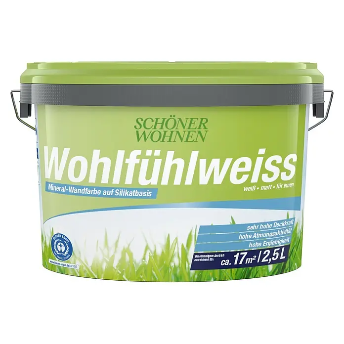 SCHÖNER WOHNEN-Farbe Wandfarbe Wohlfühlweiß - Weiß, Matt, 2,5 l, Abtönbar - Leuchtgrüner Farbeimer für Mineral-Wandfarbe "Wohlfühlweiss", weiß und matt für innen. Reicht für ca. 17m² bei 2,5L.