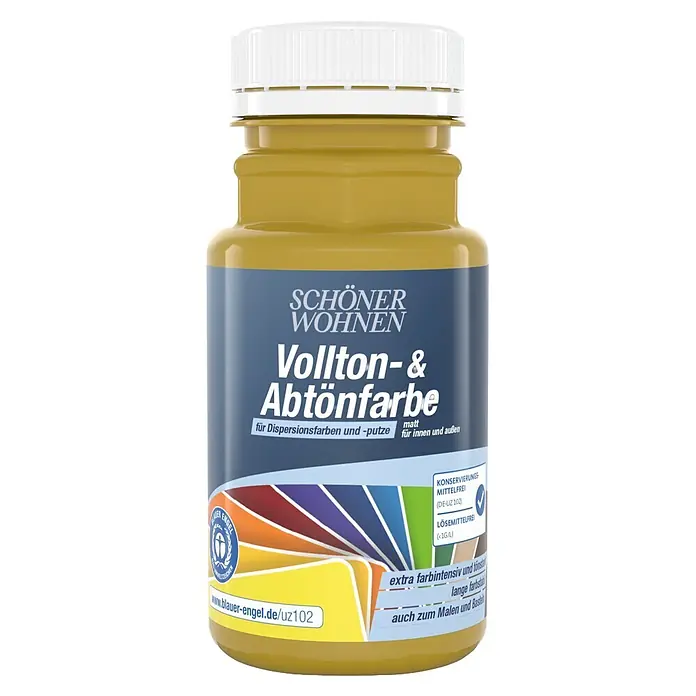 SCHÖNER WOHNEN-Farbe Vollton- & Abtönfarbe - Ocker, Matt, 125 ml - Gelbe SCHÖNER WOHNEN Vollton- & Abtönfarbe Flasche mit farbigem Etikett.