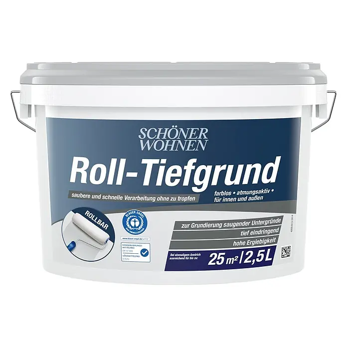 SCHÖNER WOHNEN-Farbe Grundierung Roll-Tiefgrund Hydrosol-Grundierung - 2,5 l, Farblos - Weißer Farbeimer "SCHÖNER WOHNEN Roll-Tiefgrund" mit blauem Etikett für Grundierung.