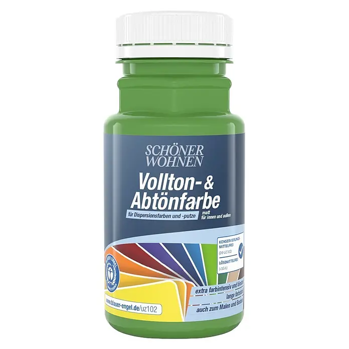 SCHÖNER WOHNEN-Farbe Vollton- & Abtönfarbe - Apfelgrün, Matt, 125 ml - Grüne Flasche SCHÖNER WOHNEN Vollton- & Abtönfarbe mit weißem Deckel. Das Etikett zeigt Produkteigenschaften und das Blauer Engel Umweltzeichen.