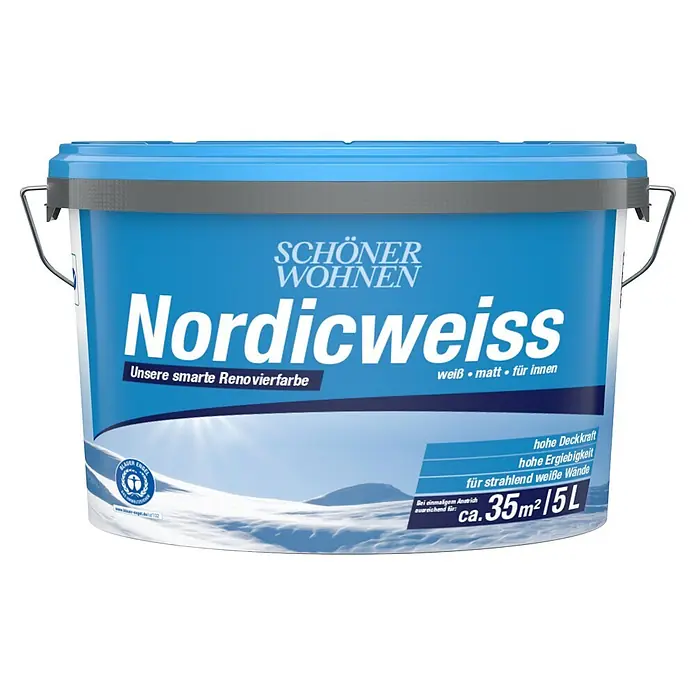 SCHÖNER WOHNEN-Farbe Wandfarbe Nordicweiß - Weiß, Matt, 5 l - Blauer Farbeimer Schöner Wohnen Nordicweiss Innenweiß matt, 5 Liter für ca. 35m².