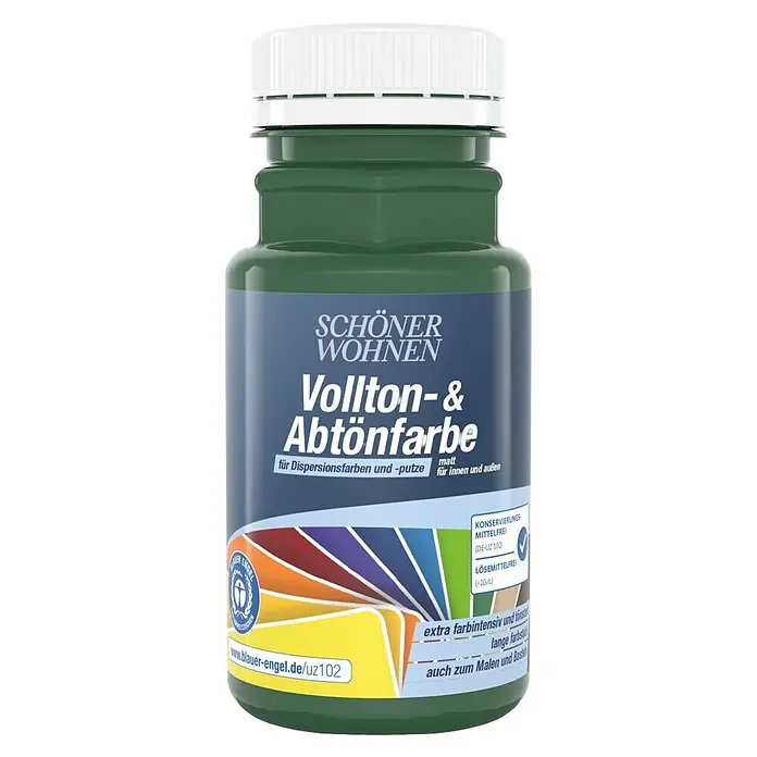 SCHÖNER WOHNEN-Farbe Vollton- & Abtönfarbe - Forstgrün, Matt, 125 ml - Dunkelgrüne Flasche SCHÖNER WOHNEN Vollton- & Abtönfarbe mit weißem Deckel und farbigem Etikett.