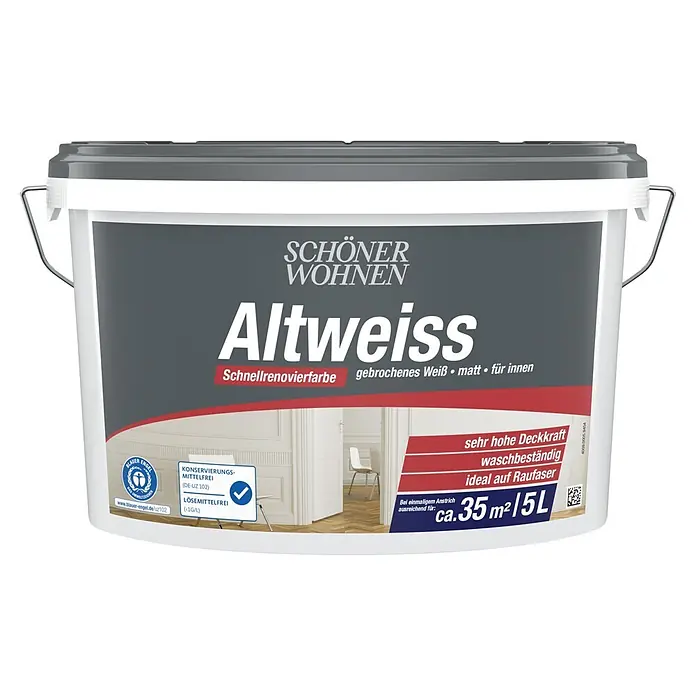 SCHÖNER WOHNEN-Farbe Wandfarbe Altweiß - Weiß, Matt, 5 l - SCHÖNER WOHNEN Altweiss Schnellrenovierfarbe, 5L, gebrochenes Weiß matt, für innen. Hohe Deckkraft, waschbeständig, konservierungs- & lösemittelfrei.