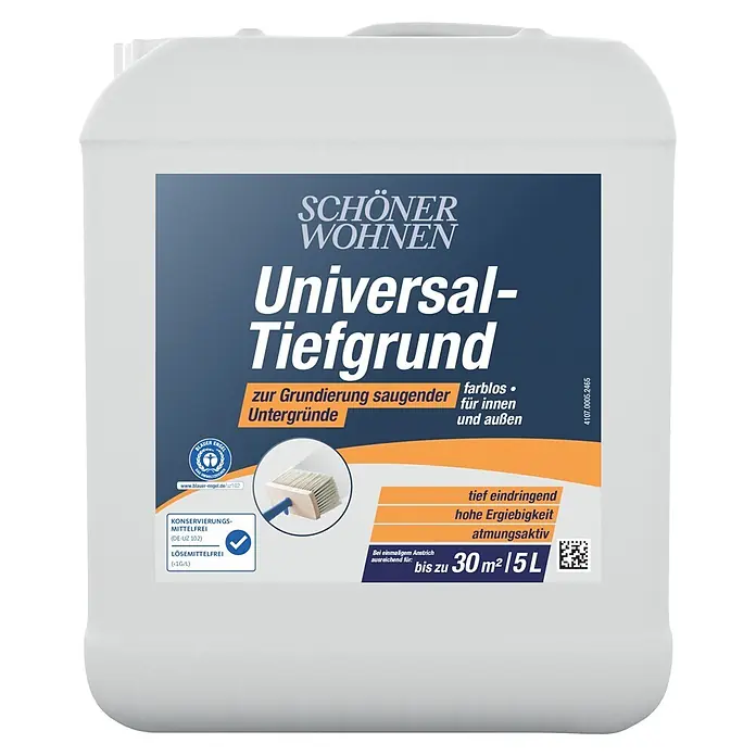SCHÖNER WOHNEN-Farbe Tiefengrund - 5 l - Weißer 5L Kanister SCHÖNER WOHNEN Universal-Tiefgrund mit blau-orangem Etikett.