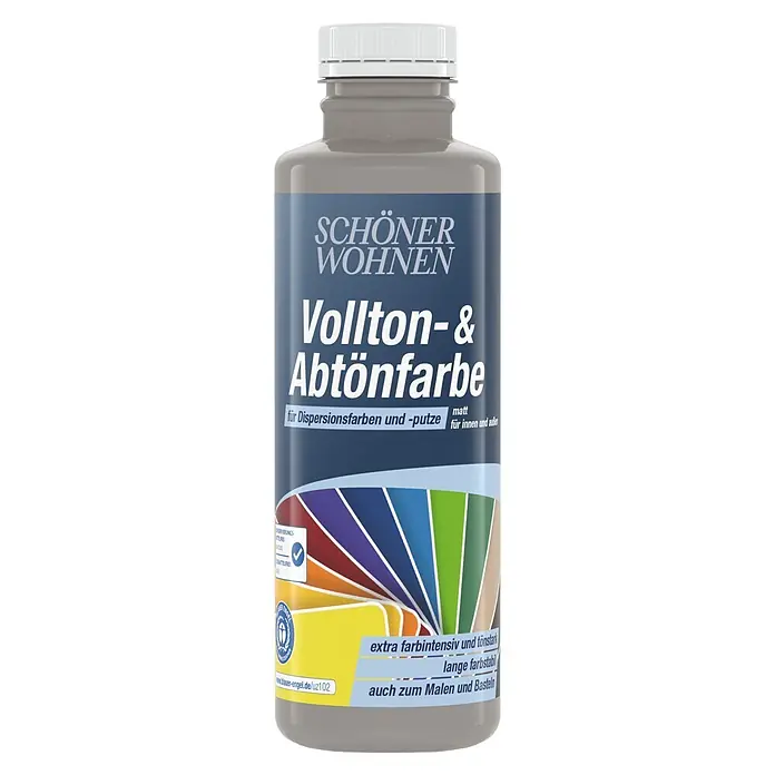 SCHÖNER WOHNEN-Farbe Vollton- & Abtönfarbe - Lavagrau, Matt, 500 ml - Graue Flasche SCHÖNER WOHNEN Vollton- & Abtönfarbe mit weißem Deckel und farbigem Etikett.