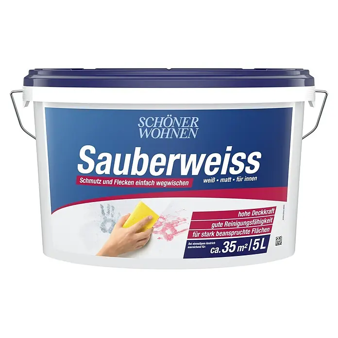 SCHÖNER WOHNEN-Farbe Wandfarbe Sauberweiß - Weiß, 5 l, Matt - Weißer Farbeimer Schöner Wohnen Sauberweiss, waschbare matte Innenfarbe, 5L für ca. 35m².