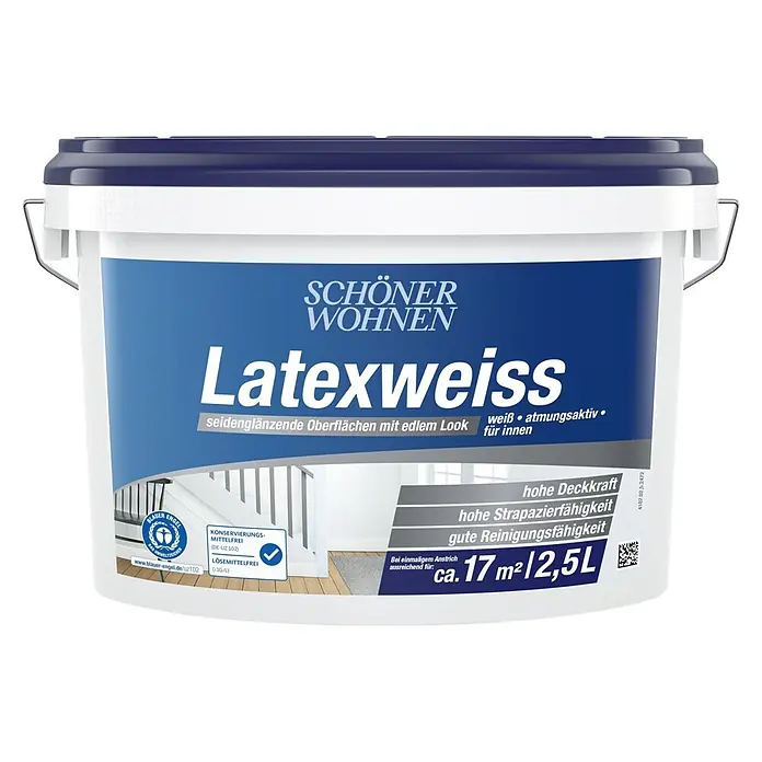 SCHÖNER WOHNEN-Farbe Latexfarbe Latexweiß - Weiß, Seidenglänzend, 2,5 l, Strukturbetonend - Weißer Farbeimer mit dunkelblauem Deckel und blauem Etikett, beschriftet mit "SCHÖNER WOHNEN Latexweiss", für ca. 17 m² / 2,5 L.