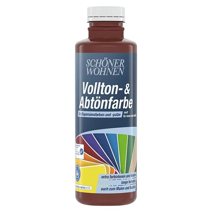 SCHÖNER WOHNEN-Farbe Vollton- & Abtönfarbe - Brombeerrot, Matt, 500 ml - Braune Flasche 'Schöner Wohnen' Vollton- & Abtönfarbe mit weißem Deckel, für Dispersionsfarben und Putze, matt, innen und außen.