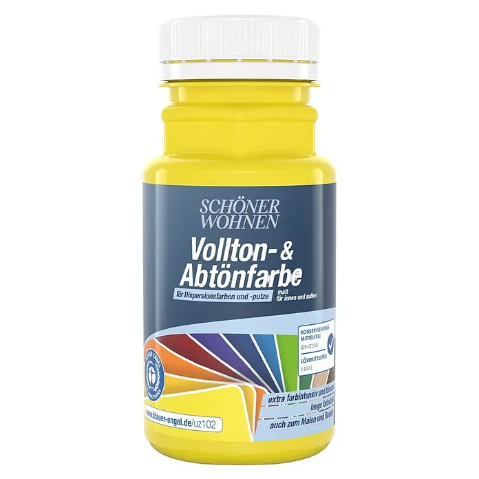 SCHÖNER WOHNEN-Farbe Vollton- & Abtönfarbe - Rapsgelb, Matt, 125 ml - Gelbe Flasche mit blauem Etikett von SCHÖNER WOHNEN Vollton- & Abtönfarbe für innen und außen.