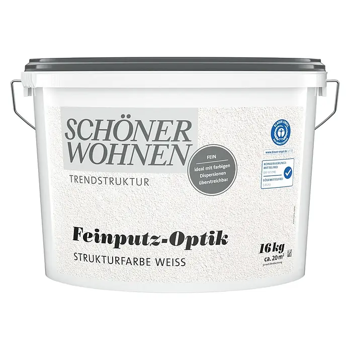 SCHÖNER WOHNEN-Farbe Trendstruktur Dekoputz Feinputz-Optik Strukturfarbe - Weiß, 16 kg, Fein - Weißer Farbeimer mit dunklem Deckel und Metallgriff, enthält 16kg weiße Feinputz-Optik Strukturfarbe.