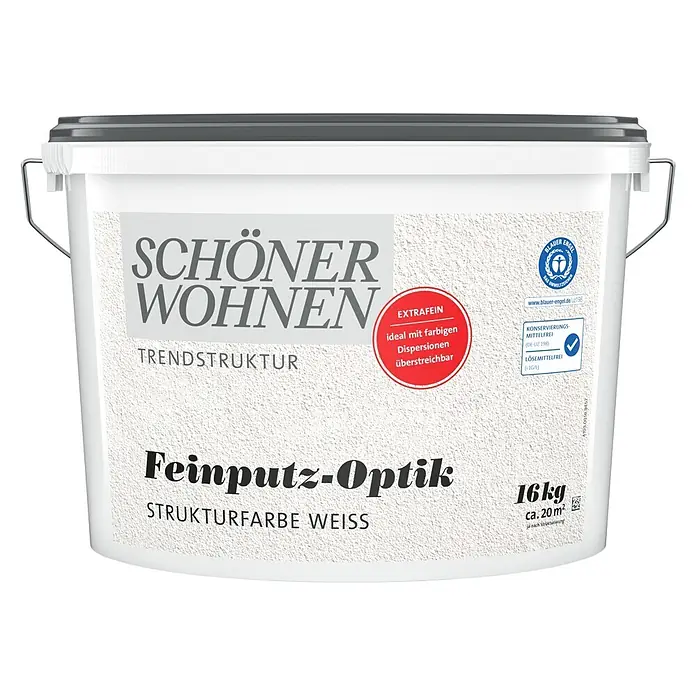 SCHÖNER WOHNEN-Farbe Trendstruktur Dekoputz Feinputz-Optik Strukturfarbe - Weiß, 16 kg, Sehr Fein - Weißer Eimer Schöner Wohnen Strukturfarbe Feinputz-Optik, 16kg, mit grauem Deckel und Metallgriff.