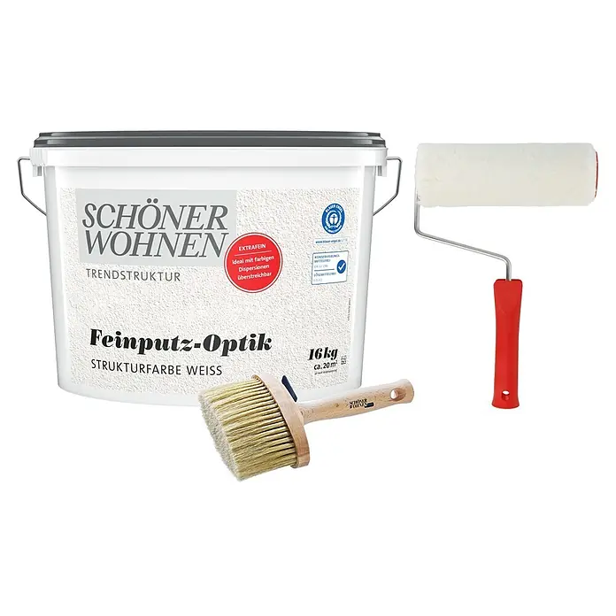 SCHÖNER WOHNEN-Farbe Trendstruktur Dekoputz Feinputz-Optik Strukturfarbe - Weiß, 16 kg, Sehr Fein - Weißer Eimer Schöner Wohnen Strukturfarbe Feinputz-Optik, 16kg, mit grauem Deckel und Metallgriff.