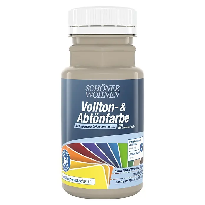 SCHÖNER WOHNEN-Farbe Vollton- & Abtönfarbe - Sandstein, Matt, 125 ml - Beige Farbflasche mit weißem Deckel und blauem Etikett für Wand- und Bastelfarbe.