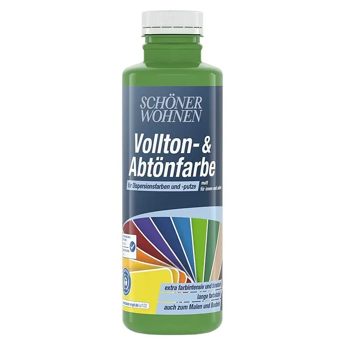 SCHÖNER WOHNEN-Farbe Vollton- & Abtönfarbe - Apfelgrün, Matt, 500 ml - Grüne Flasche SCHÖNER WOHNEN Vollton- & Abtönfarbe für innen und außen, mit farbenfrohem Etikett und weißem Verschluss.