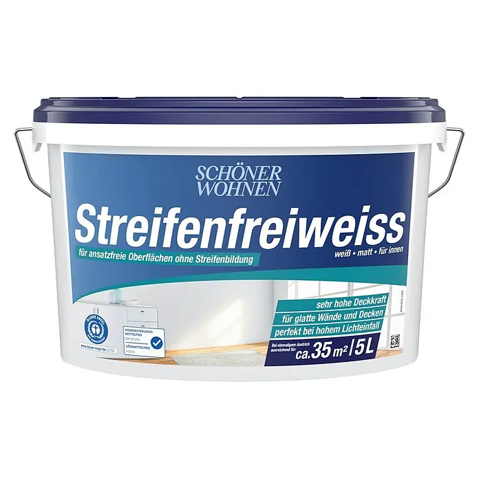 SCHÖNER WOHNEN-Farbe Wandfarbe Streifenfreiweiß - Weiß, Matt, 5 l, Abtönbar - Weißer Farbeimer mit blauem Deckel und Etikett für streifenfreie, matte Innenraumfarbe.