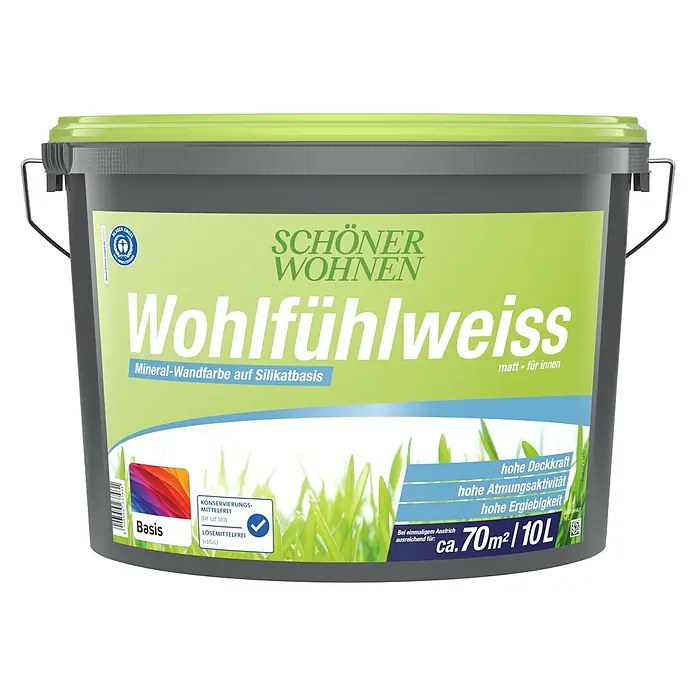 SCHÖNER WOHNEN-Farbe Mix Wandfarbe Wohlfühlweiß zum Mischen lassen - Basismischfarbe 1, Matt, 10 l - Farbeimer mit grünem Deckel und hellgrünem Etikett. Enthält 10L 'Wohlfühlweiss' Mineral-Wandfarbe.