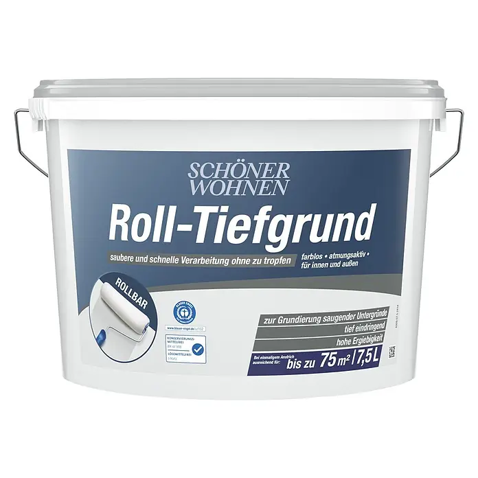 SCHÖNER WOHNEN-Farbe Grundierung Roll-Tiefgrund Hydrosol-Grundierung - 7,5 l, Farblos - Weißer Eimer "Schöner Wohnen Roll-Tiefgrund", einer lösemittelfreien Grundierung für innen und außen, die bis zu 75m² abdeckt.