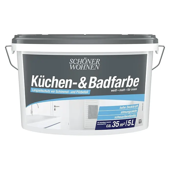 SCHÖNER WOHNEN-Farbe Bad- & Küchenfarbe - Weiß, 5 l, Matt - Grau-weißer Farbeimer für Küchen- und Badfarbe, schützt vor Schimmel und Pilzbefall, weiß, matt, atmungsaktiv, scheuerbeständig, reicht für ca. 35 m² aus.