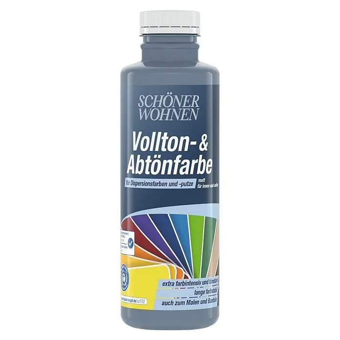 SCHÖNER WOHNEN-Farbe Vollton- & Abtönfarbe - Indigograu, Matt, 500 ml - Dunkelgrau-blaue SCHÖNER WOHNEN Vollton- & Abtönfarbe Flasche mit weißem Deckel, für intensives Farbmischen und Basteln.