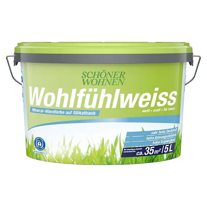 SCHÖNER WOHNEN-Farbe Wandfarbe Wohlfühlweiß - Weiß, Matt, 5 l, Abtönbar - Grüner Eimer SCHÖNER WOHNEN Wohlfühlweiss Mineral-Wandfarbe, 5L.
