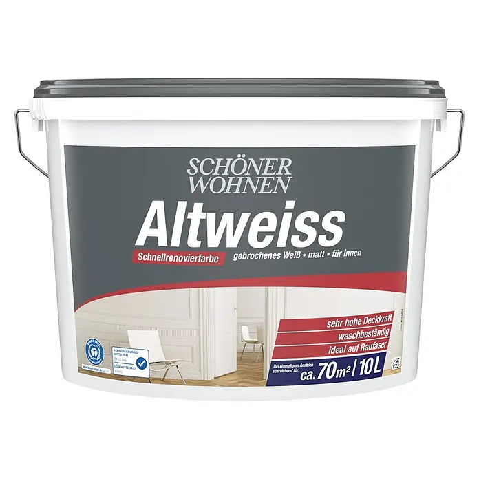 SCHÖNER WOHNEN-Farbe Wandfarbe Altweiß - Weiß, Matt, 10 l - Weißer Farbeimer mit dunkelgrauem Deckel und Metallgriff. Beschriftet mit "Altweiss", einer matten Innenfarbe (10L), die konservierungs- und lösungsmittelfrei ist.
