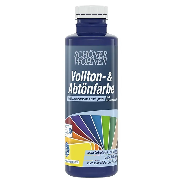 SCHÖNER WOHNEN-Farbe Vollton- & Abtönfarbe - Blau, Matt, 500 ml - Blaue Flasche Schöner Wohnen Vollton- & Abtönfarbe mit weißem Deckel und Farbpalette auf dem Etikett. Für Dispersionsfarben und Putze, innen und außen.