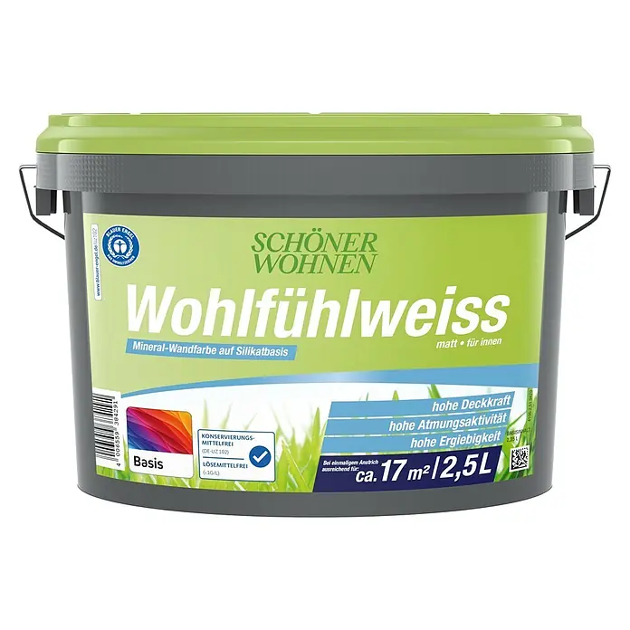 SCHÖNER WOHNEN-Farbe Mix Wandfarbe Wohlfühlweiß zum Mischen lassen - Basismischfarbe 1, Matt, 2,5 l - Grauer Farbeimer mit grünem Deckel und Etikett für Schöner Wohnen Wohlfühlweiss Mineral-Wandfarbe (2,5L).
