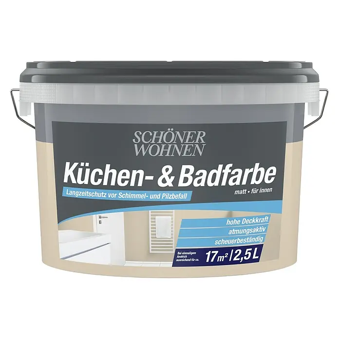 SCHÖNER WOHNEN-Farbe Bad- & Küchenfarbe - Sand, 2,5 l, Matt - 2,5L Eimer SCHÖNER WOHNEN matter beiger Küchen- & Badfarbe mit Schimmelschutz.